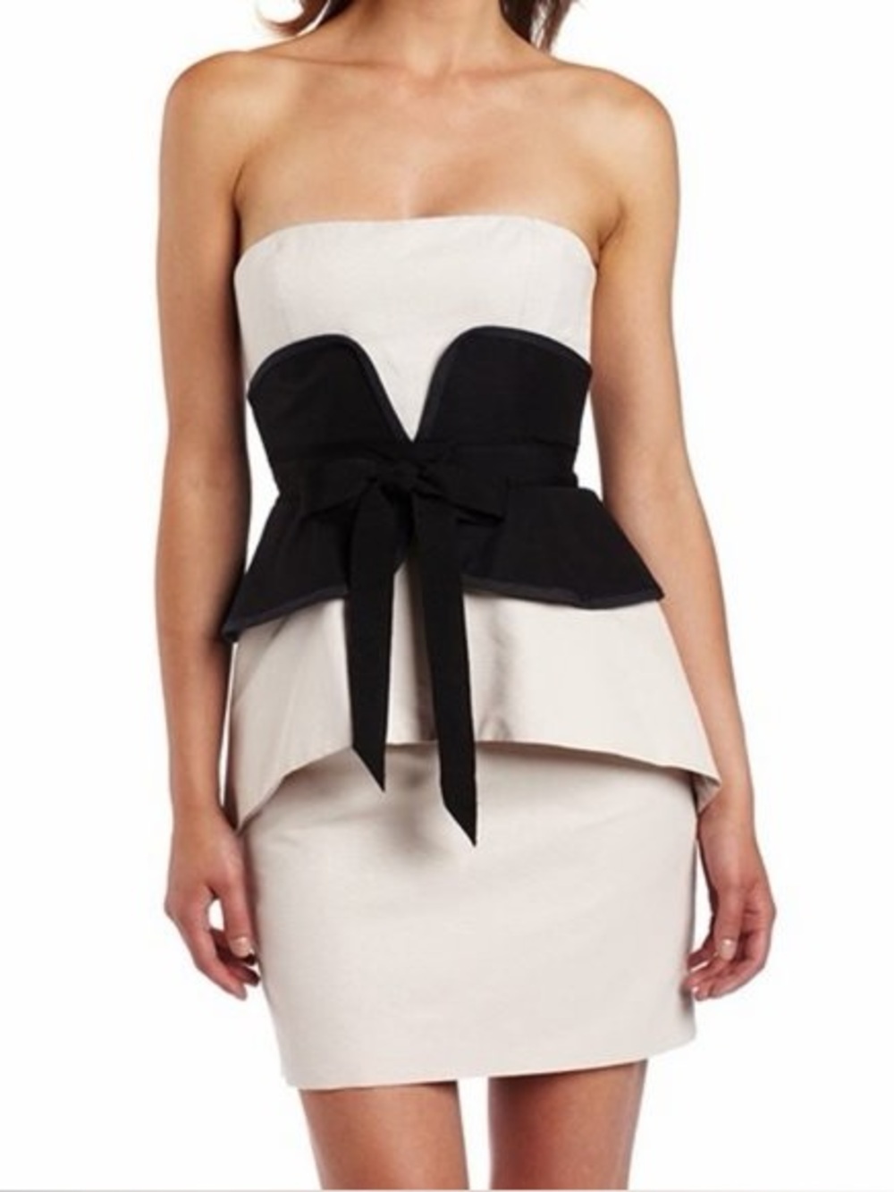 BCBGMaxAzria Strapless Beige Dress with Black Bow Detail